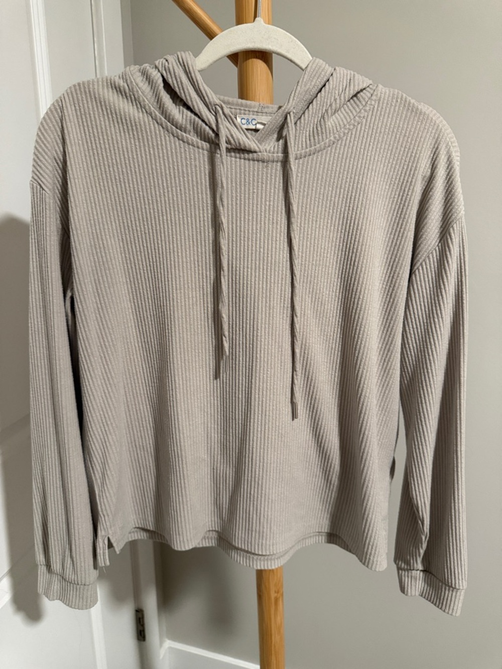 C&C California Ribbed Scoop Neck Hoodie Sweater - Light Taupe